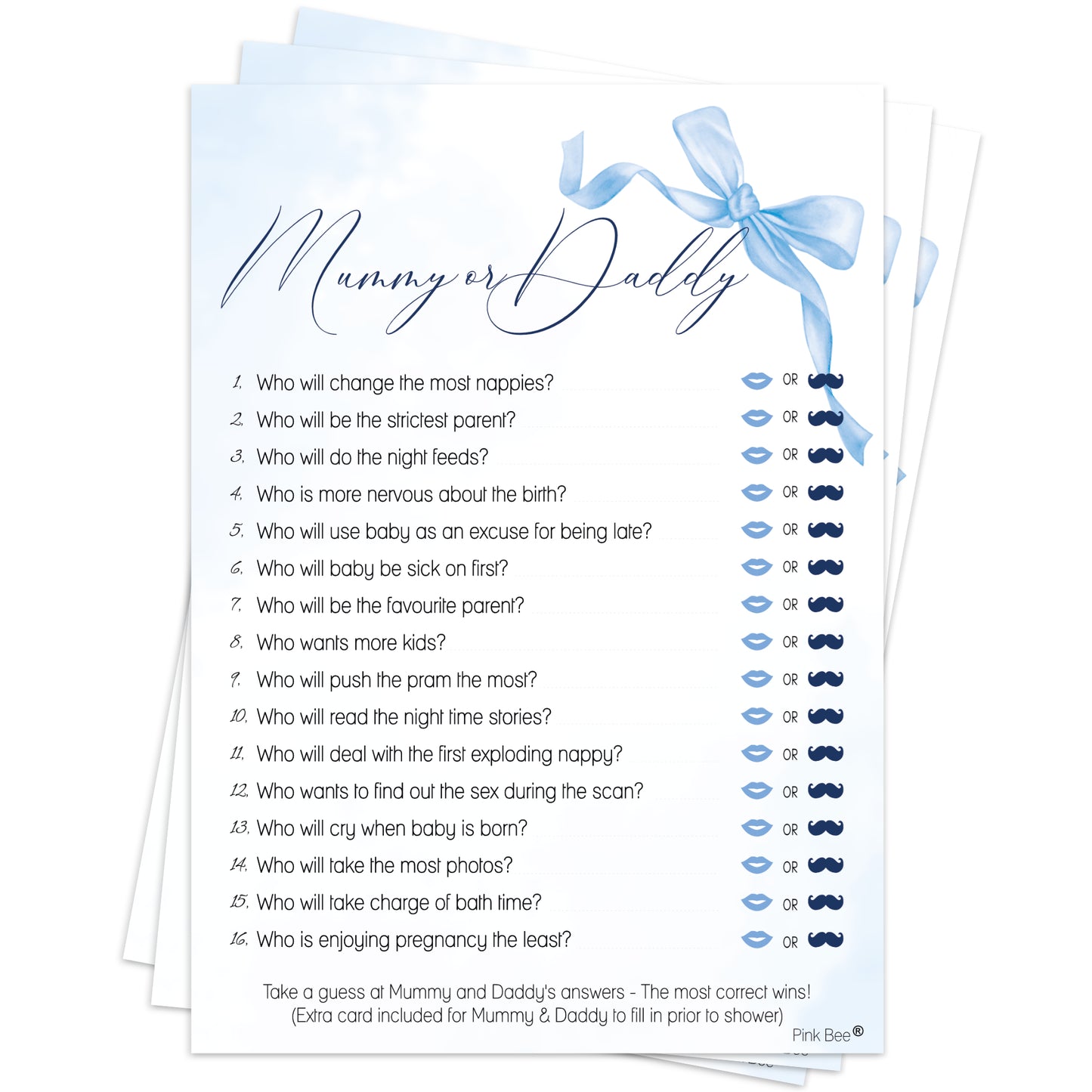 COMING SOON - Baby Shower Game Mummy or Daddy in Pretty Blue Bow Theme