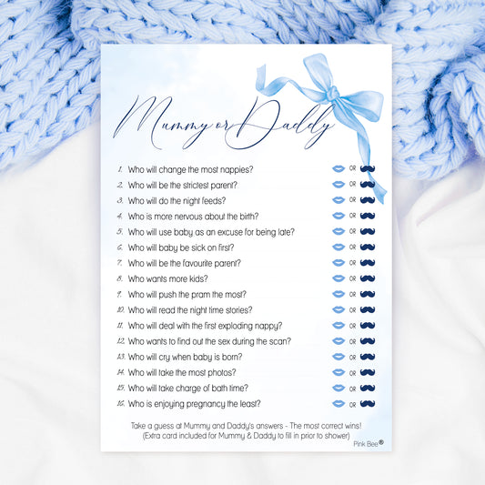 COMING SOON - Baby Shower Game Mummy or Daddy in Pretty Blue Bow Theme