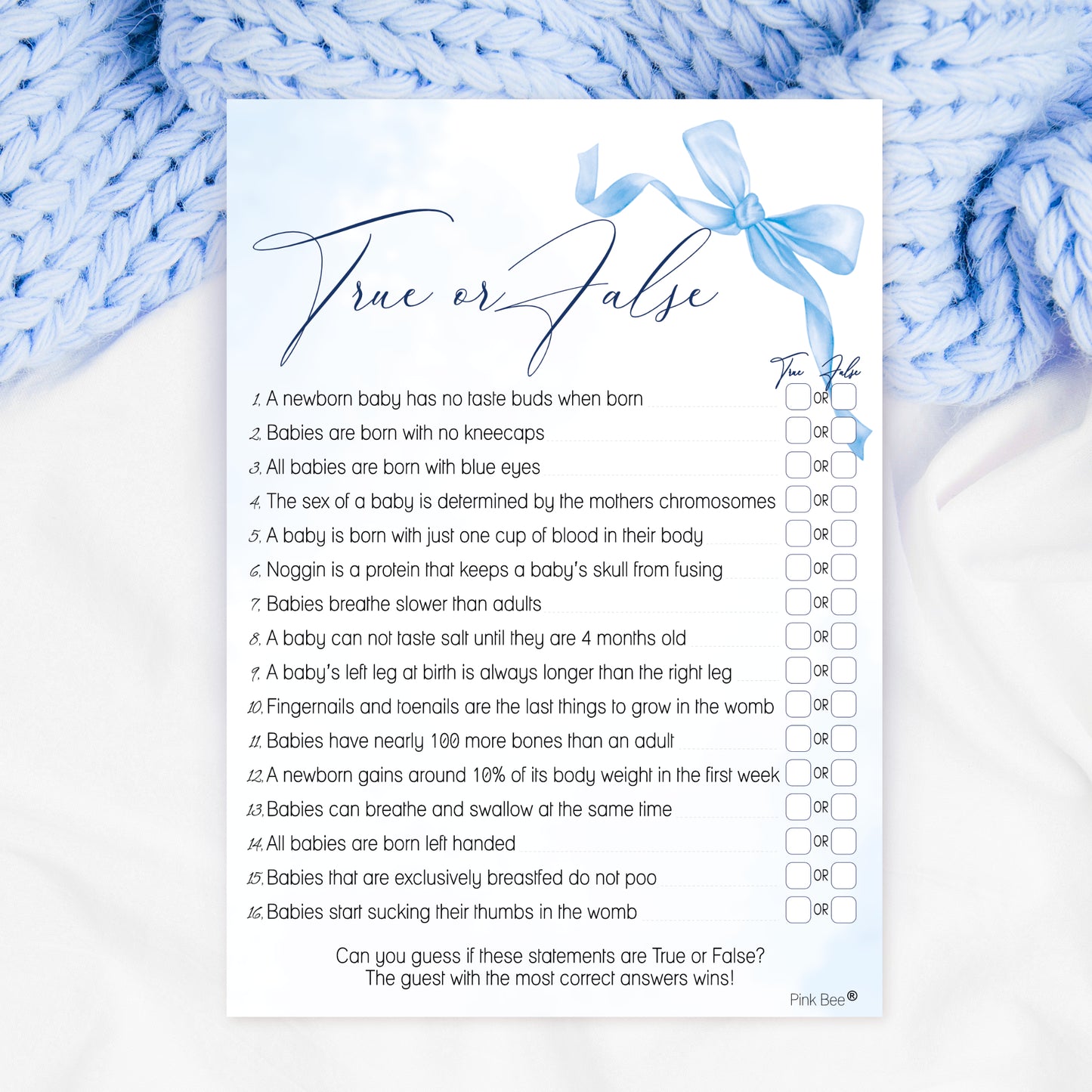 COMING SOON - Baby Shower Game True or False in Pretty Blue Bow Theme