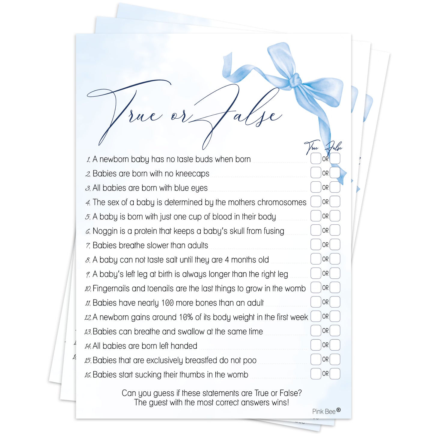 COMING SOON - Baby Shower Game True or False in Pretty Blue Bow Theme