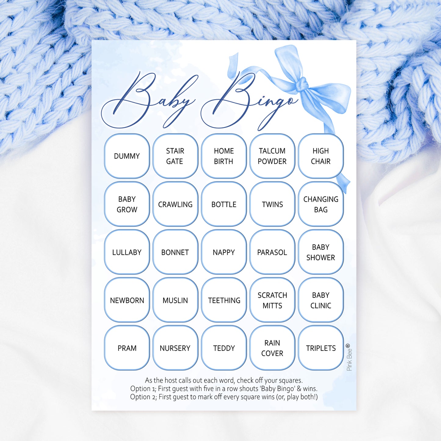 Baby Bingo Game in Pretty Blue Bow Theme