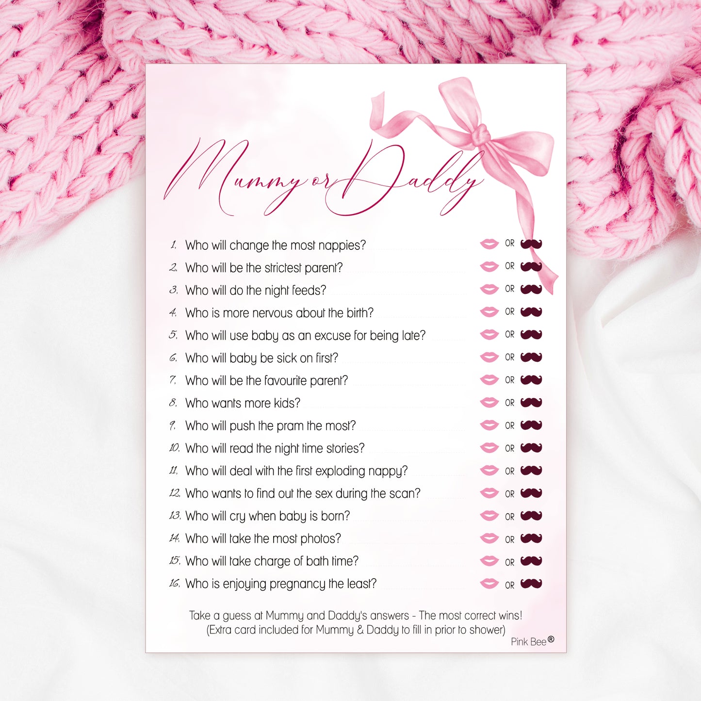 COMING SOON - Baby Shower Game Mummy or Daddy in Pretty Pink Bow Theme