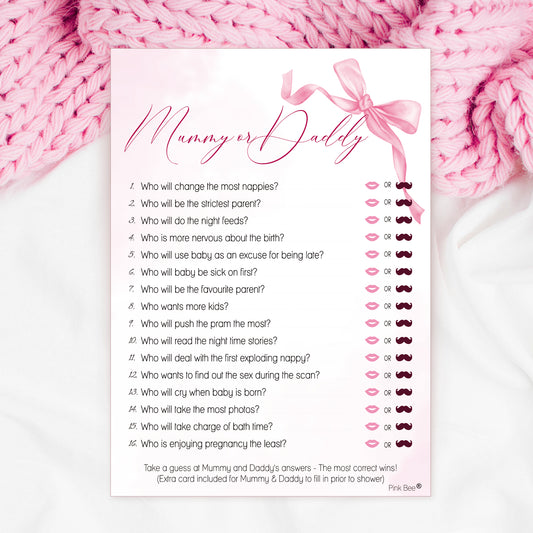 COMING SOON - Baby Shower Game Mummy or Daddy in Pretty Pink Bow Theme