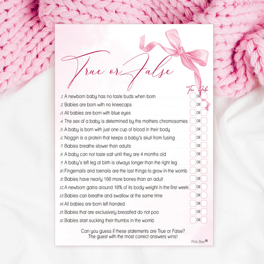 COMING SOON - Baby Shower Game True or False in Pretty Pink Bow Theme