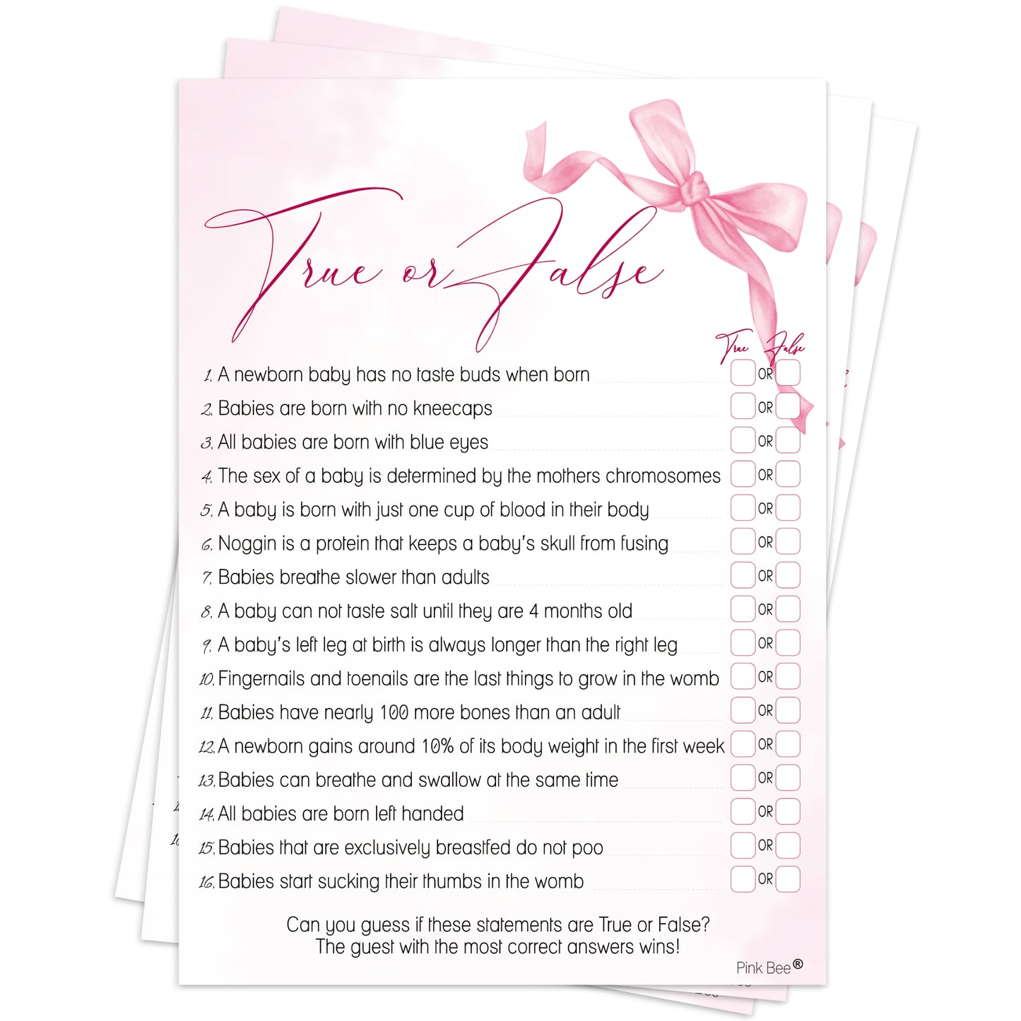 COMING SOON - Baby Shower Game True or False in Pretty Pink Bow Theme