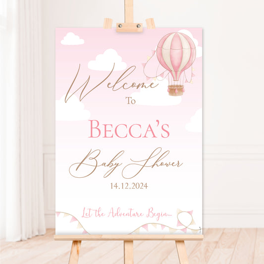 Personalised Pink Up Up and Away Welcome Sign for Baby Showers